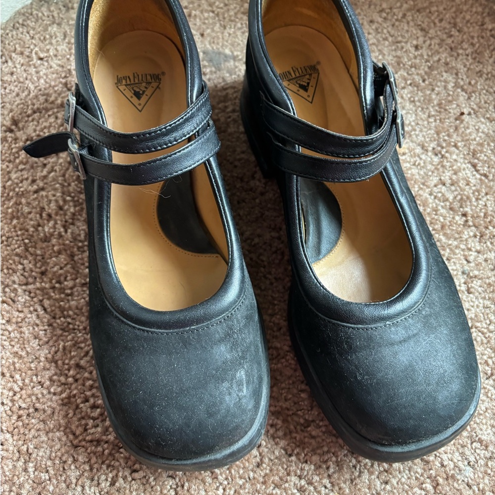 John Fluevog Double Strap Black Flats